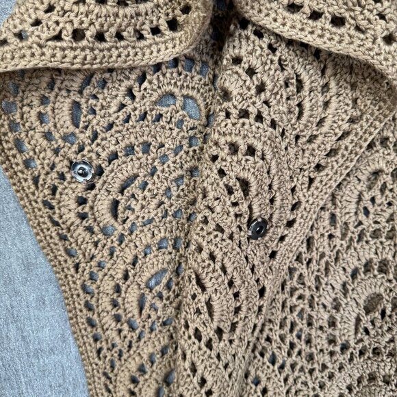 Tan Camel Crochet High Collar Pull Over Side Snap Closure Coastal Boho Poncho - Picture 9 of 12